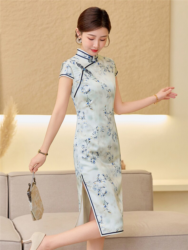 杭州品质真丝长裙复古印花连衣裙女春夏日常修身清新淡雅真丝旗袍,女装汉服/婚纱/旗袍/礼服,小荷流