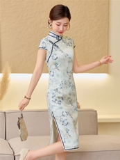 杭州品质真丝长裙复古印花连衣裙女春夏日常修身清新淡雅真丝旗袍，女装汉服/婚纱/旗袍/礼服，小荷流