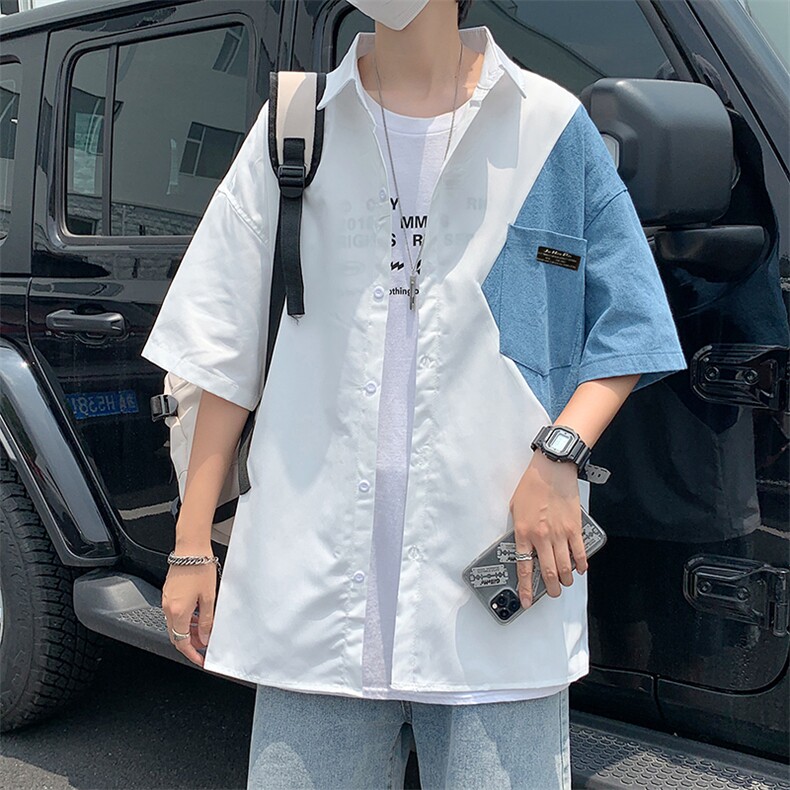 牛仔拼接短袖衬衫男潮牌宽松中性风半袖衬衣夏季休闲 W911-P35图片