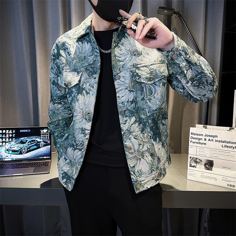 秋季短款外套男高级感痞帅时尚刺绣夹克潮流花朵翻领上衣JK04-P98,男装夹克,电商D323（原B261）