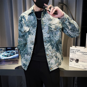 秋季短款外套男高级感痞帅时尚刺绣夹克潮流花朵翻领上衣JK04-P98图片