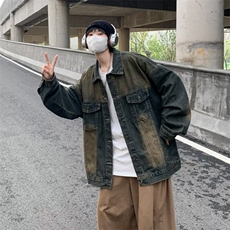 美式复古牛仔外套男春秋季港风宽松工装上衣潮牌ins水洗重磅夹克，男装夹克，星座716-3