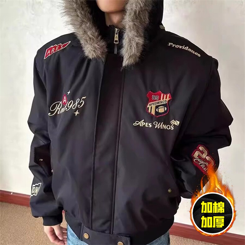 现货高品质美式高街重磅刺绣座山雕大毛毛领棉衣男女加厚棉服外套，男装棉衣，电商A443