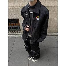 网图有货cleanfit褶皱徽章设计翻领夹克男女宽松外套A912-P55，男装夹克，星座1505