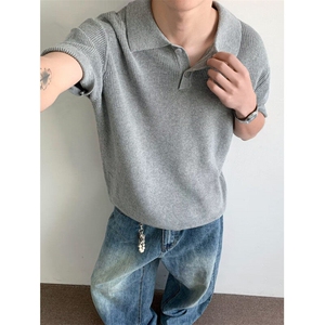夏季韩系针织翻领polo衫男士高级感短袖t恤韩版宽松慵懒风半袖图片