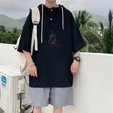 LD54140-P45连帽短袖t恤男大码胖子带帽五分袖中袖，男装T恤，电商A040