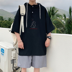 LD54140-P45 连帽短袖t恤男大码胖子带帽五分袖中袖图片