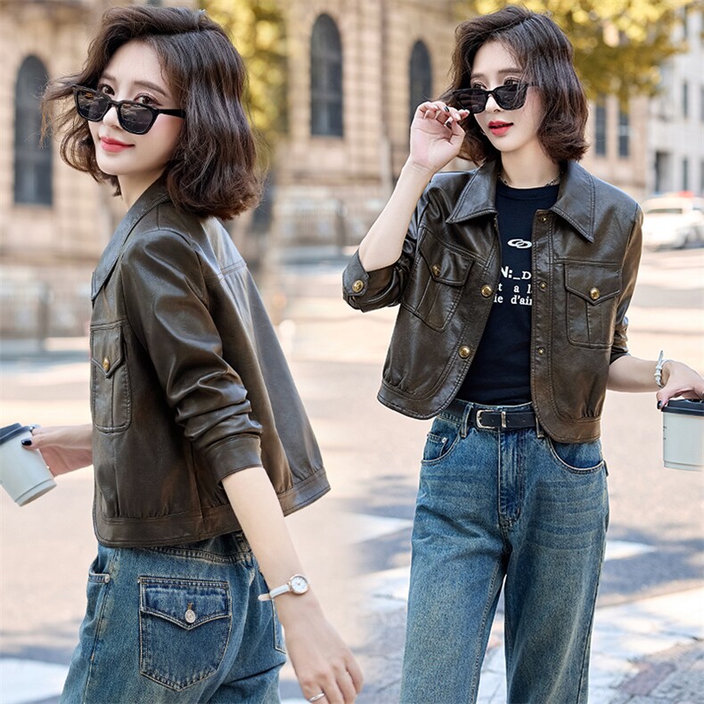 水洗皮衣外套女2025春秋新款复古小个子美拉德修身机车风夹克上衣，女装皮衣，臻衣坊