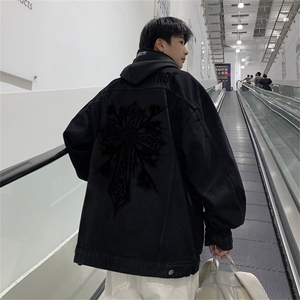 2025春季港风情侣假两件连帽牛仔夹克外套帽子可拆卸JK735-P88图片