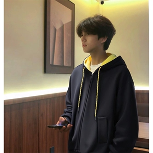 抖音得物二开美式高街重磅结构双层撞色连帽卫衣开衫外套W116图片