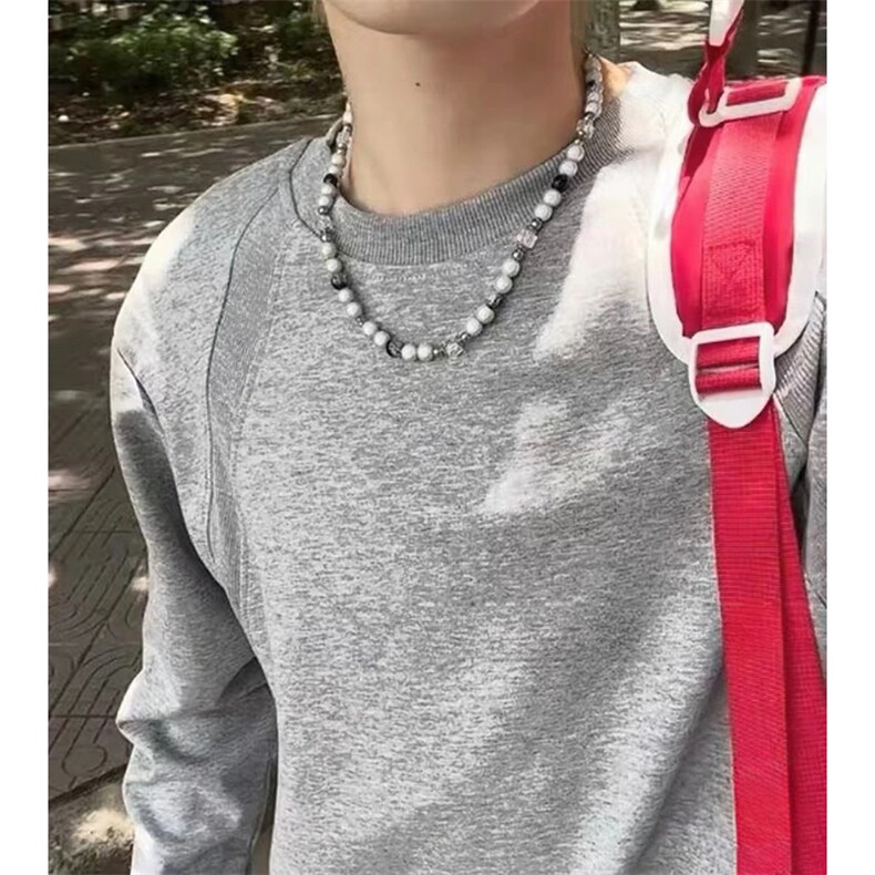 抖音得物品质26春装美式高街宽松曼巴棉螺纹拼接卫衣圆领长袖T恤,男装T恤,电商A443