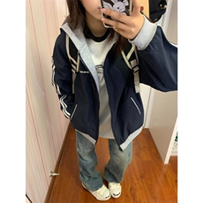 日系运动条纹连帽开衫卫衣外套男女潮牌复古宽松休闲双面穿夹克，男装夹克，星座601-1