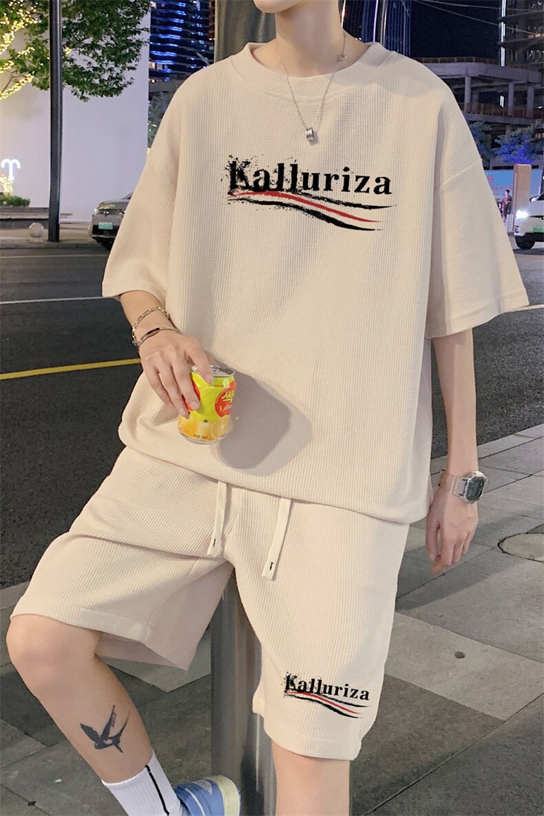 ！2025夏季新款男士印花华夫格短袖T恤套装学生一套HTZ119P50,男装T恤,电商B220