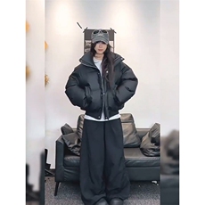 现货5W件冬季三防重磅硬挺boxy短款羽绒立领PU皮棉衣外套加厚棉服，男装棉衣，电商A486