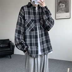 衬衫男秋季新款港风宽松大码磨毛格子长袖衬衣CS500-P35，男装衬衫，星座214-3