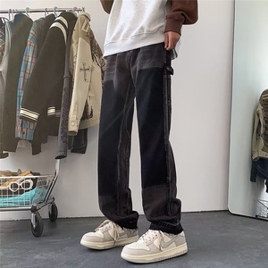 美式复古撞色拼接牛仔裤男高街设计感hiphop直筒毛边休闲裤男P53图片