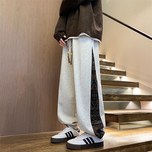 8XL-M民族拼接刺绣束脚卫裤男冬加绒加厚大码运动裤KZ024P45图片
