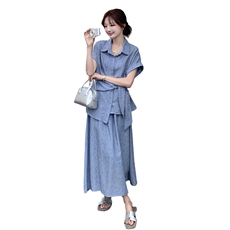 蓝色气质衬衫套装女设计感2025夏新款绝美不对称时尚半身裙两件套，女装套装/套裙，2C159