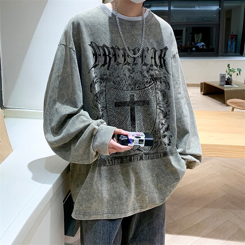 抖音供货、秋季现货水洗棉宽松版重磅长袖T恤D223A-ST231-特P38,男装T恤,电商019-1