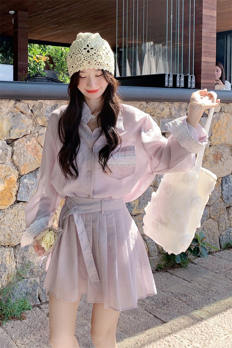 粉紫色衬衫百褶裙套装女夏2025新款小个子两件套韩系慵懒chic绝美,女装套装/套裙,2C258