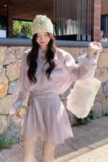 粉紫色衬衫百褶裙套装女夏2025新款小个子两件套韩系慵懒chic绝美，女装套装/套裙，2C258
