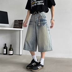 美式复古阔腿七分牛仔裤男女夏季宽松休闲直筒中裤N06682-P48，男装牛仔裤，星座308B-2