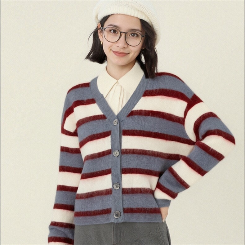 2025春秋新款羊绒衫女100纯山羊绒V领加厚保暖外套拼色针织开衫图片