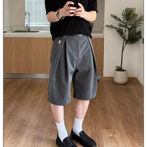日系基础西装短裤男夏季纯色廓形宽松休闲学院风过膝五六分裤子男图片