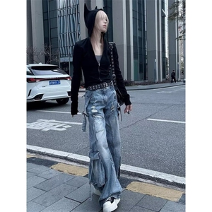 百搭日系牛仔长裤气质ins流行新款慵懒潮流时尚原宿文艺简约图片
