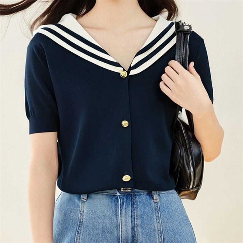 夏季新款时尚海军领冰丝亚麻短袖开衫修身显瘦百搭休闲上衣，女装针织衫/毛衣，暖姿羊绒
