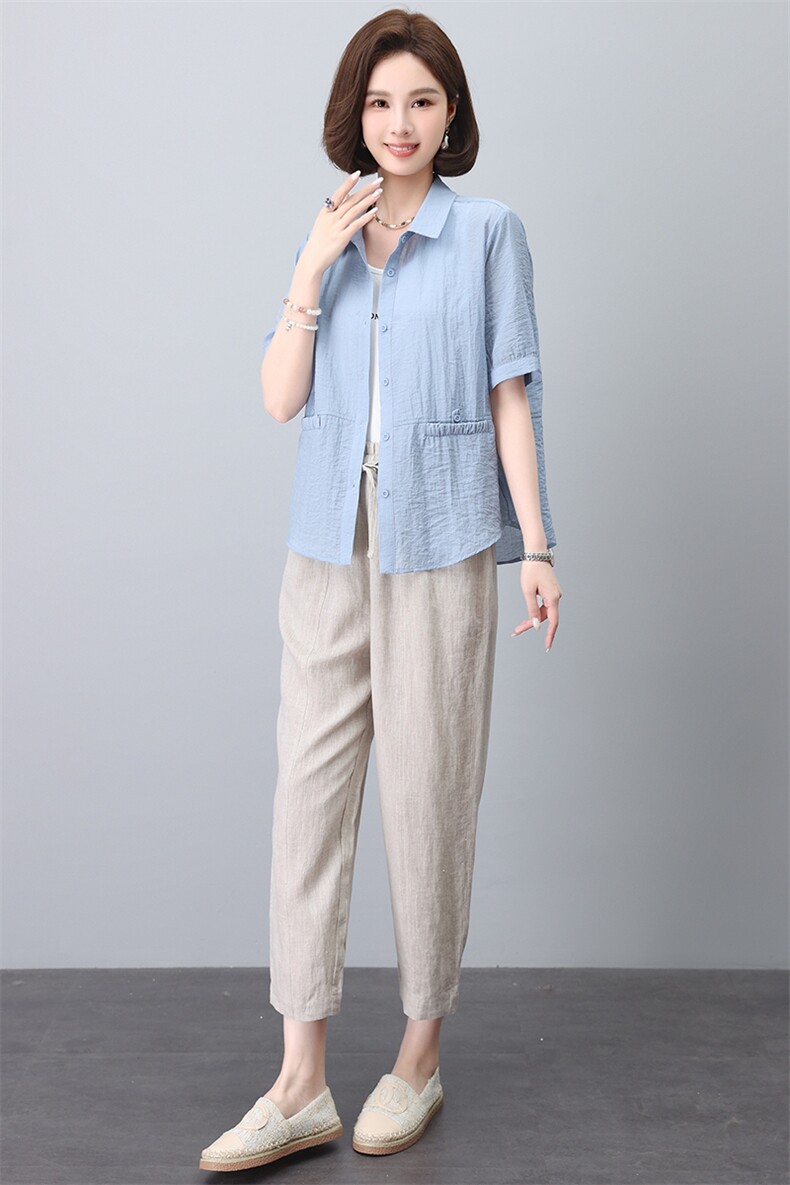 夏装搭配一整套2025新款妈妈休闲衬衫亚麻九分裤棉麻套装女两件套,女装套装/套裙,韩派