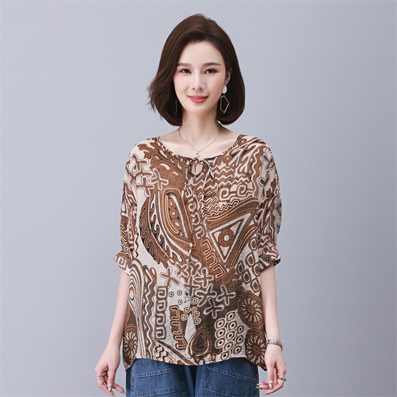 时尚宽松印花系绳短袖上衣舒适百搭显瘦女装衬衫,女装衬衫,叶笙衣