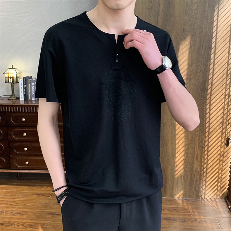 2025新款夏季棉麻清凉男士风盘扣短袖休闲T恤上衣XF9817-P48,男装T恤,星座1105-3