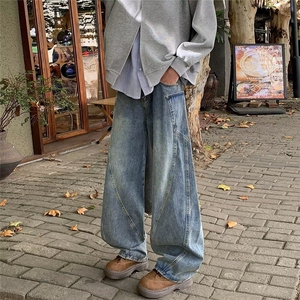 复古弯刀牛仔裤男春秋季宽松休闲水洗做旧廓形分割阔腿裤 NG45图片