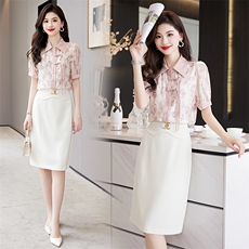气质套装女夏新款复古盘扣洋气减龄印花衬衣修身包臀半身裙两件套，女装套装/套裙，火爆靓佳人