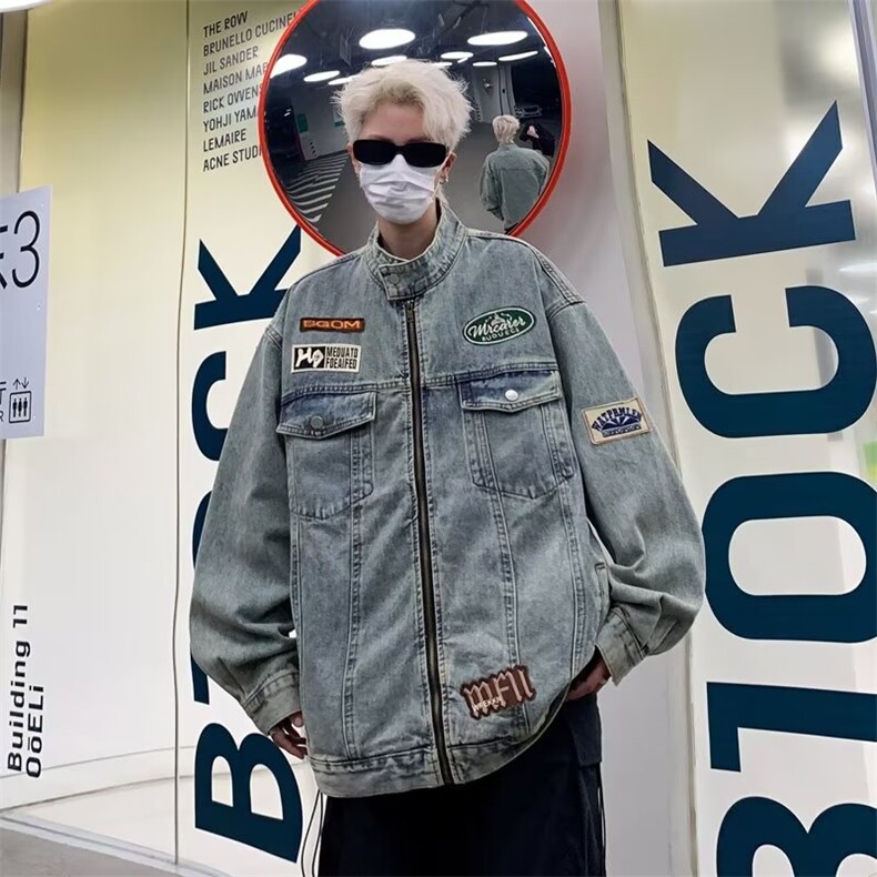 美式复古水洗牛仔外套男春秋2024新款潮牌宽松休闲刺绣立领机车服图片