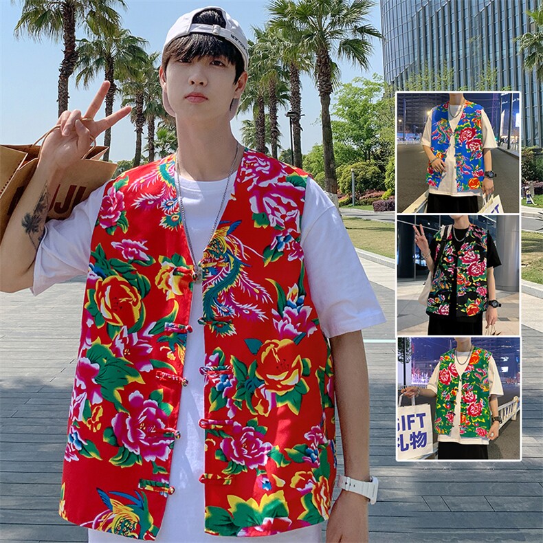 MJ02夏双层新款男士盘扣风民族风特色东北大花马甲外套团队服图片