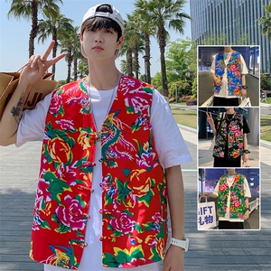 MJ02夏双层新款男士盘扣风民族风特色东北大花马甲外套团队服图片