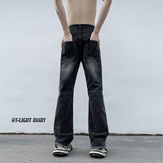 B221美式ins高街小众重工艺拉链破洞牛仔裤LK23016-P65控88，男装牛仔裤，电商B221