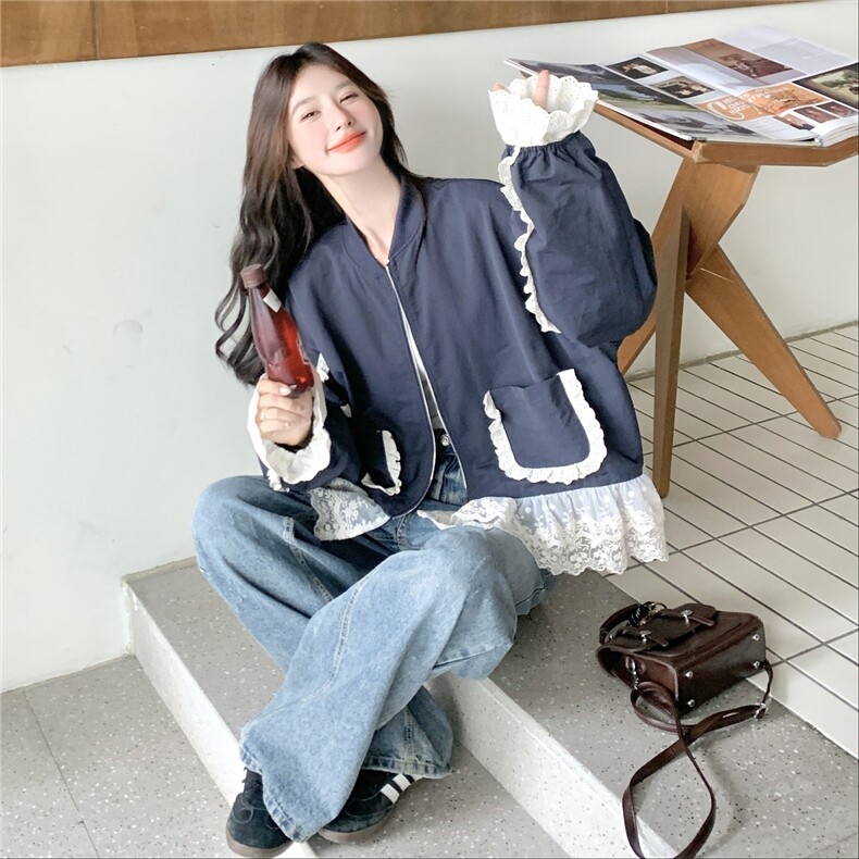 拼接蕾丝荷叶边短款风衣女设计感休闲风减龄拉链款外套上衣,女装短外套,2C050