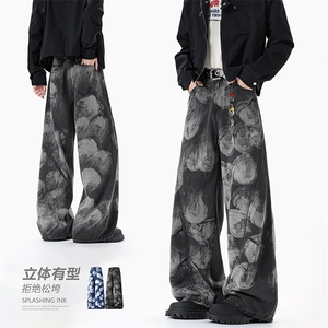 A2021TP48控78-秋季新款2025满印泼墨弯刀牛仔裤男宽松水洗裤子图片