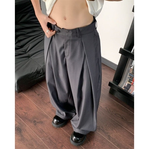 纯色褶皱西装阔腿休闲裤女梨型身材百搭高腰显瘦显高直筒拖地裤图片