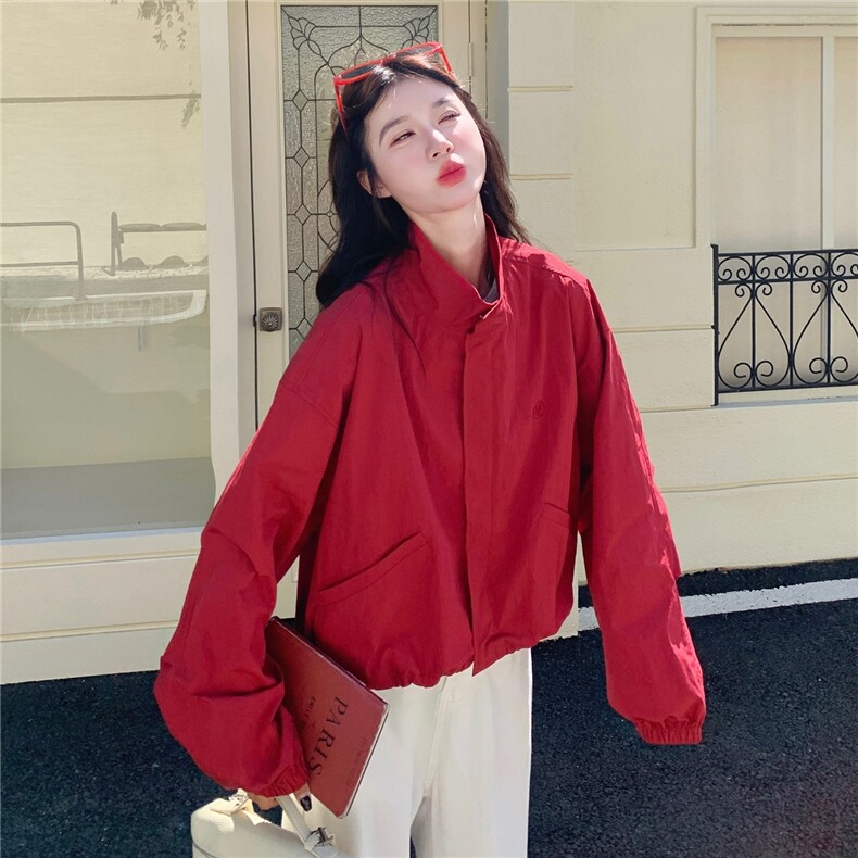 韩系chic休闲减龄复古红色短外套女春秋超火好看宽松工装夹克上衣,女装短外套,2B237