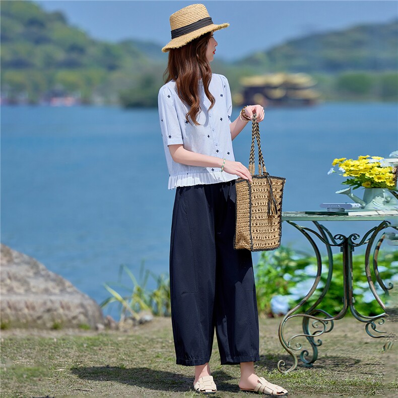 2026年夏季新款刺绣小立领衬衫阔腿裤两件套套装女,女装套装/套裙,依路服饰