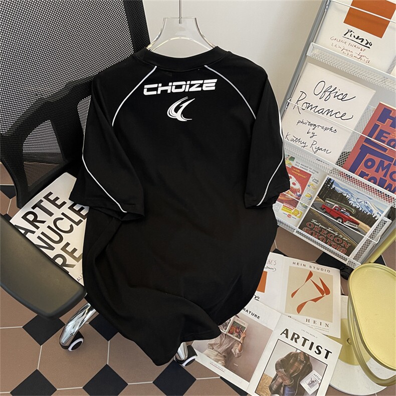 C465-P40夏季新款潮牌宽松圆领上衣美式条纹拼接短袖T恤男现货,男装T恤,星座512-6