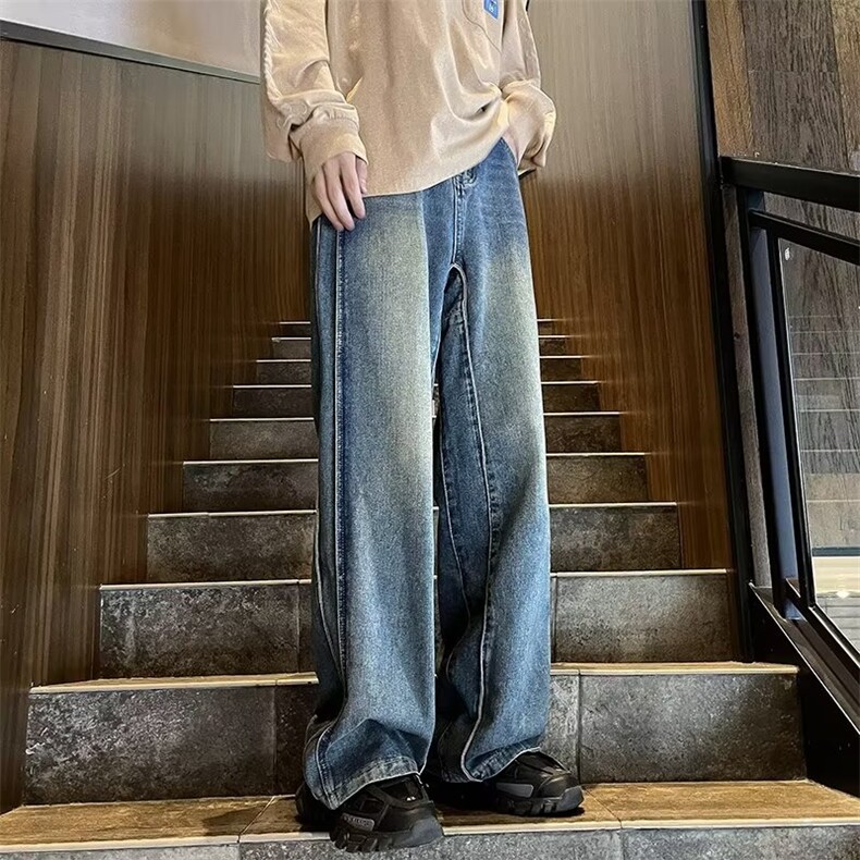 牛仔裤男韩版潮流高街帅美式个性拼接2024秋夏季ins长裤N8012-P55,男装牛仔裤,星座1109-3