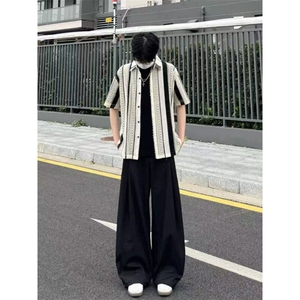 复古条纹镂空网面短袖衬衫男女夏季海岛度假休闲ins衬衣 CA6733图片