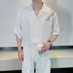 夏季新中式风男士古巴领刺绣短袖衬衫男纯色半袖衬衣 CS867-P58图片