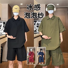 量大优供视频泡泡纱polo衫套装短袖短裤男XH77TZ-特P50，男装牛仔裤，电商B367