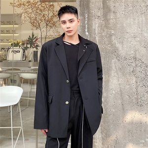 新款假二件不对称金属环休闲复古长袖西服男春秋A345-199-P135图片